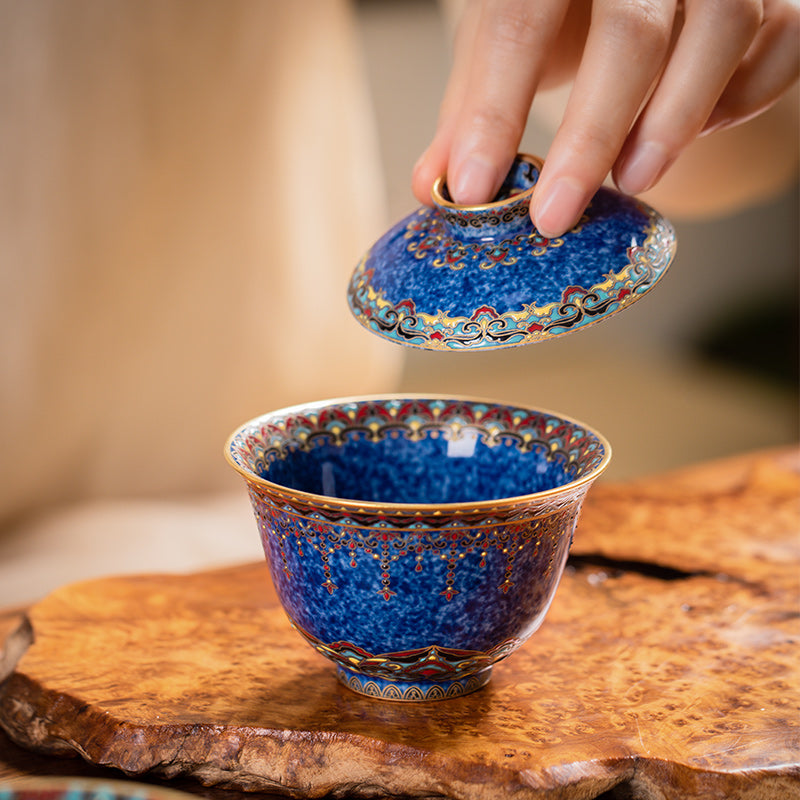 CLOISONNE PORCELAIN SAPPHIRE GOLD AND SILVER TEA SET