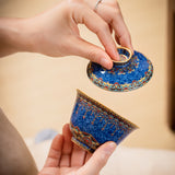 CLOISONNE PORCELAIN SAPPHIRE GOLD AND SILVER TEA SET