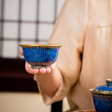 CLOISONNE PORCELAIN SAPPHIRE GOLD AND SILVER TEA SET