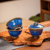 CLOISONNE PORCELAIN SAPPHIRE GOLD AND SILVER TEA SET