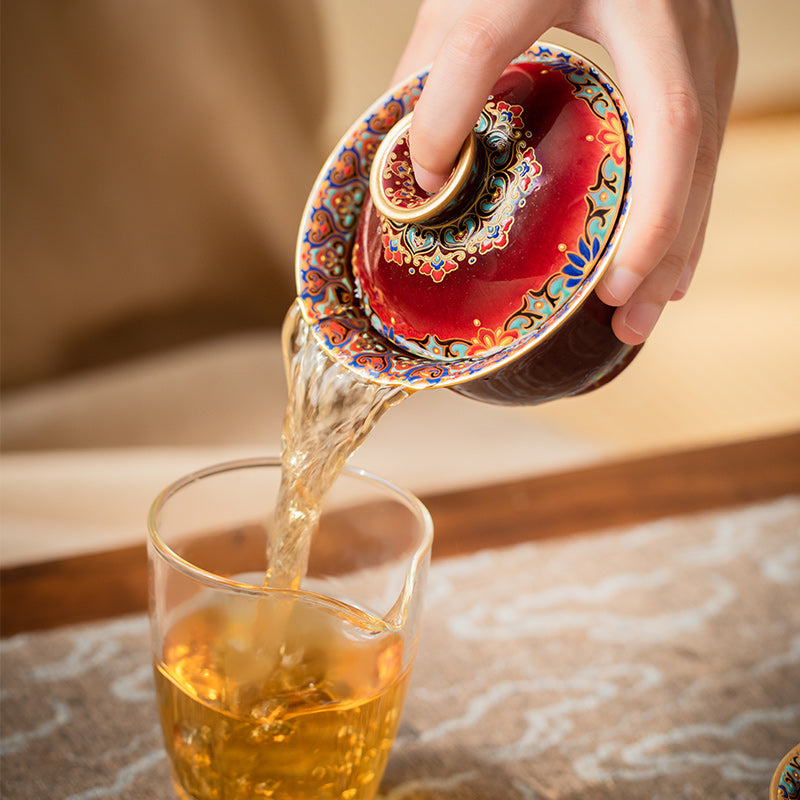 Cloisonne Enamel Lang Red Gold and Silver Tea Set