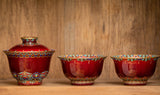 Cloisonne Enamel Lang Red Gold and Silver Tea Set