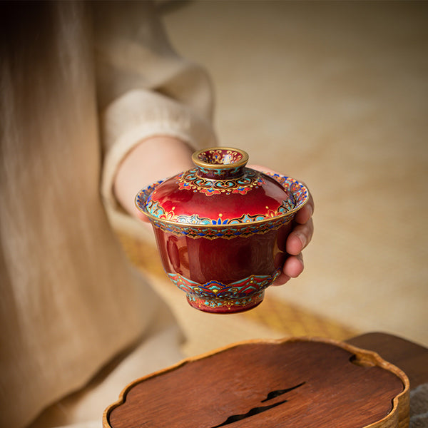 Cloisonne Enamel Lang Red Gold and Silver Tea Set